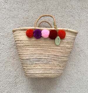 Moroccan Handmade Straw Basket Tote Bag Colorful Pom Poms Boho Beach Handbag